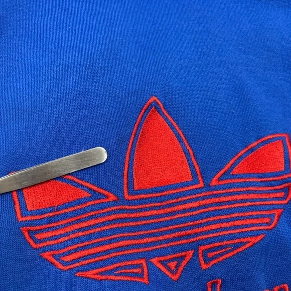 Vintage Adidas Trefoil Hoodie Mens Large Blue Red Embroidered Pullover READ - Picture 4 of 11